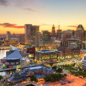 Baltimore, Maryland, USA downtown cityscape at dusk.